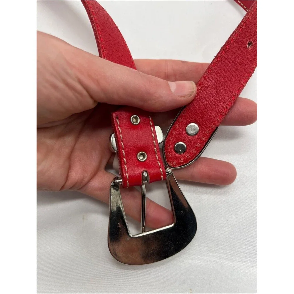 Red Genuine Leather Skinny Belt with Silver Toned Metal Buckle